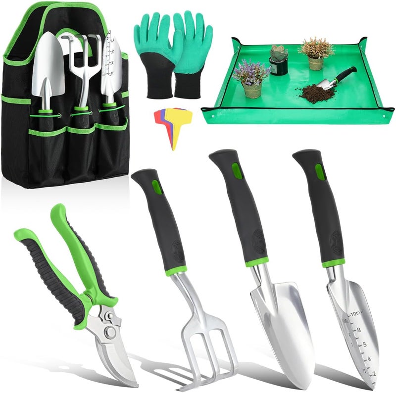 Housolution Gardening Tools Set, 8PCS Heavy Duty Garden Tools with Non-Slip Rubber Grip with Large Garden Bag for Tools Aluminum Alloy Hand Tools for Gardening,Gardening Gifts for Women and Men, Green - Image 1
